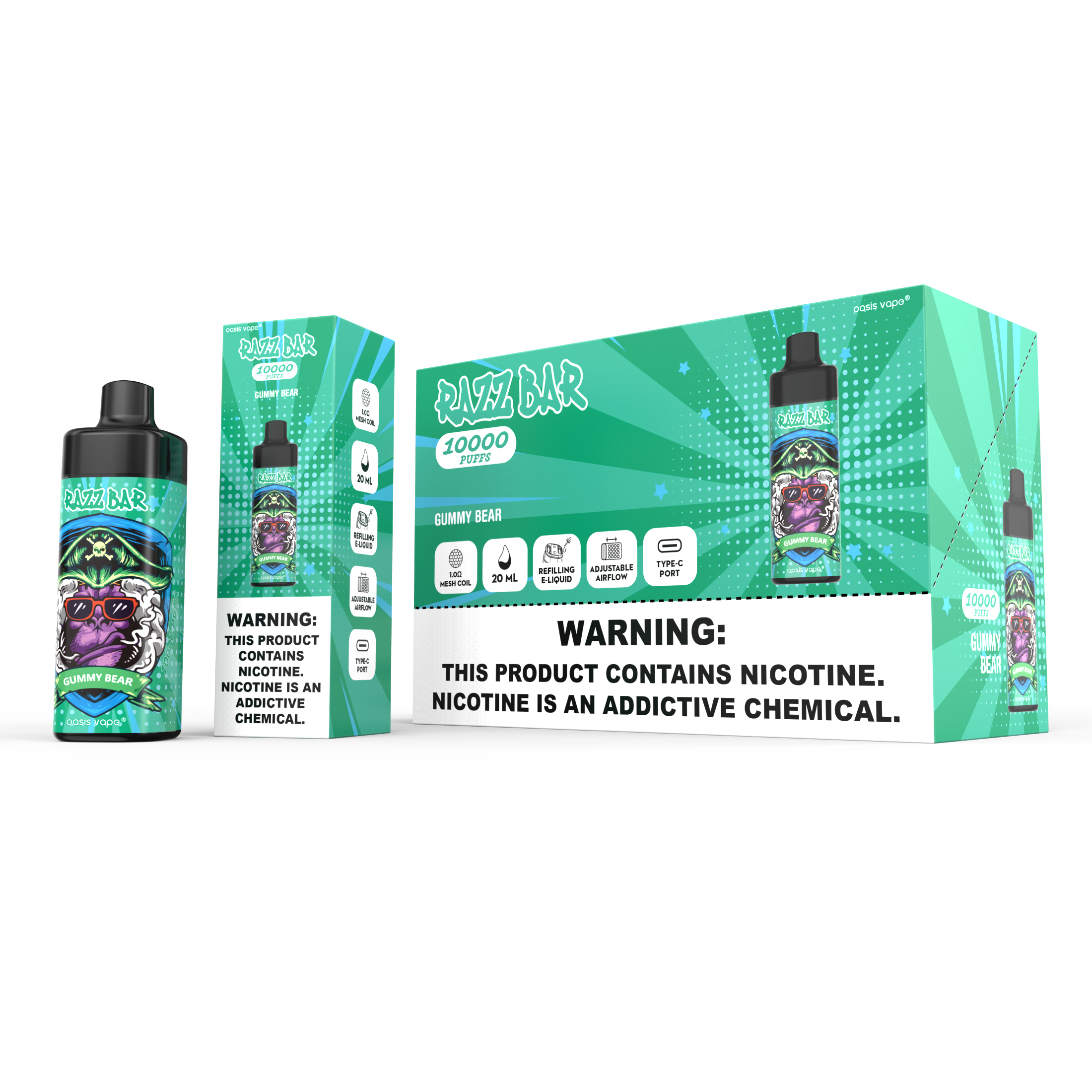 Razz Bar 10000 Disposable Vape - 16 Flavors - 10000 Puffs - 20ml Capacity - Rechargeable - Mesh Coil - Type-c