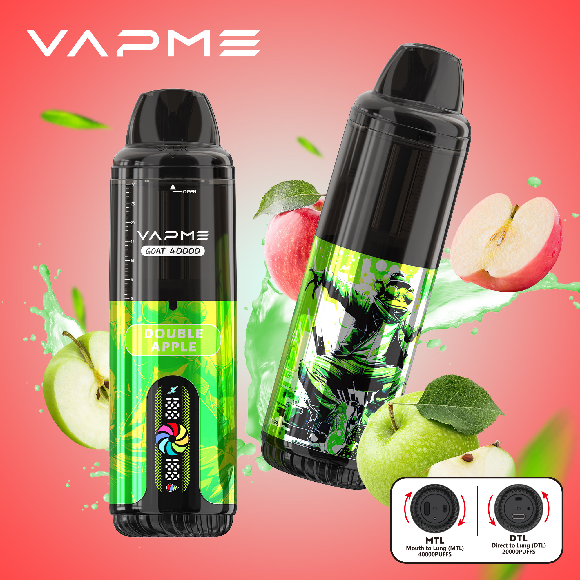 Vapme Goat 40000 Disposable Vape with 10 Flavors, 40000+ Puffs, 30mL E-liquid, 850mAh Battery, DTL/MTL Modes, Type-C Charging
